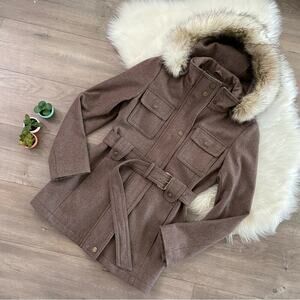 Laundry by Shelli Segal Brown Wool Belted Fur Outerwear Jacket M